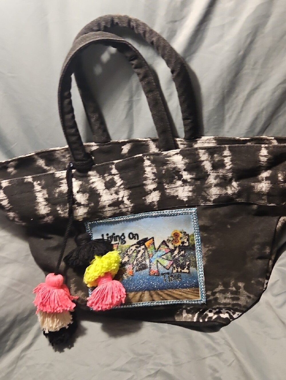 Hand Crafted Black & White Tie-Dye Tote with 'Living On Lake' Patch - Picture 3 of 4
